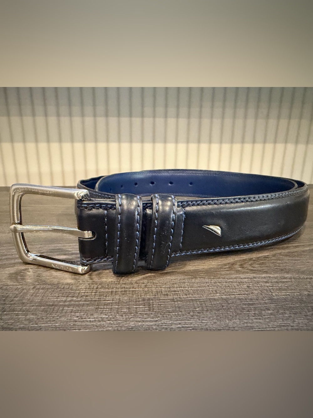 Men's Navy Leather Belt by Nautica